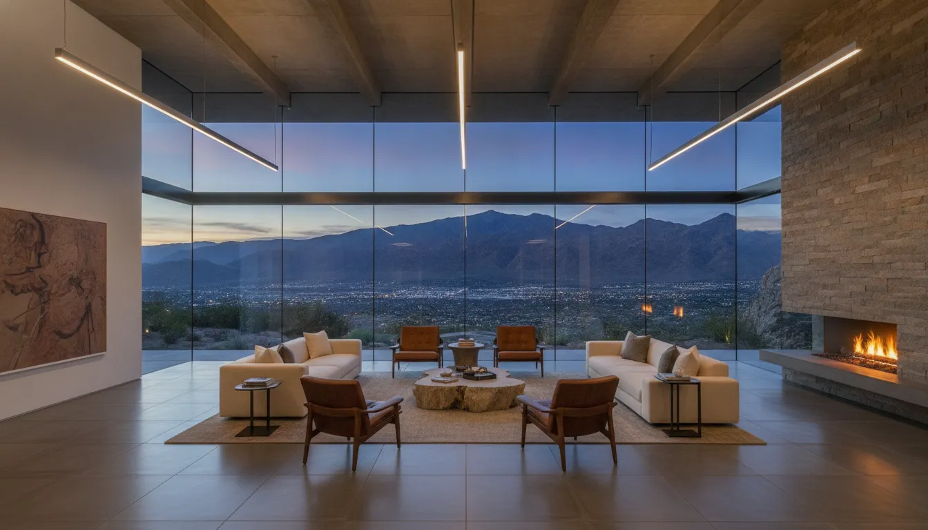 Great room of a modern Ascaya custom home with floor-to-ceiling glass walls framing mountain views at dusk