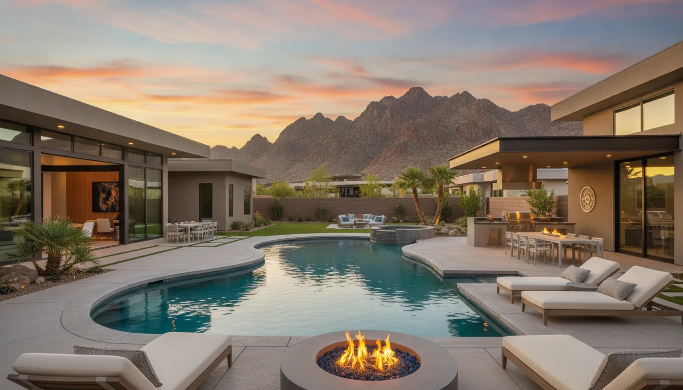 Resort-style backyard pool and mountain views at a luxury Henderson Nevada estate