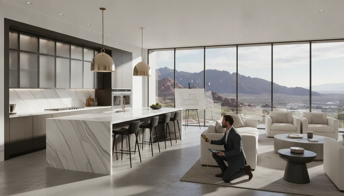 Appraiser reviewing a custom Henderson luxury home kitchen with marble island during a luxury home appraisal henderson