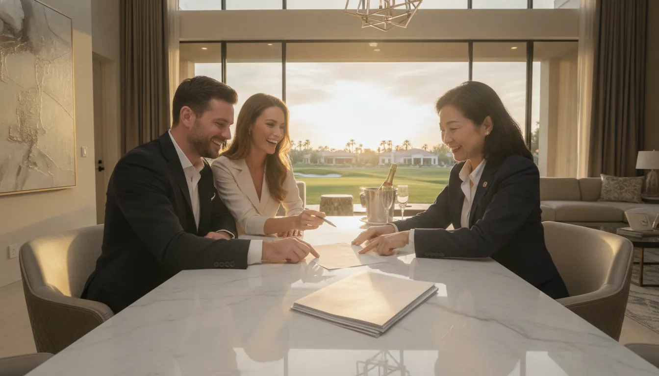 Affluent couple closing their luxury Nevada home sale with a tax advisor