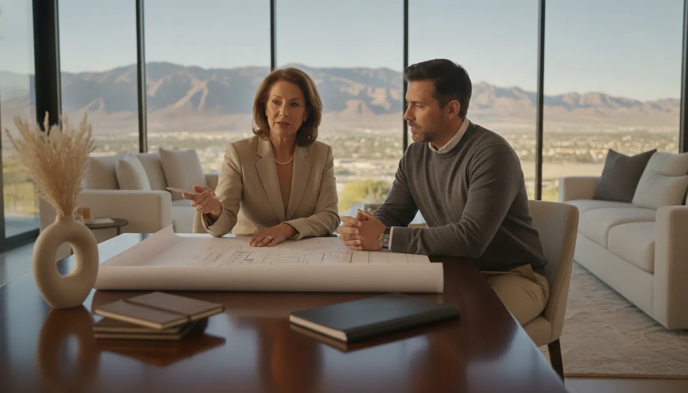 Luxury home seller reviewing sale planning documents with an advisor in Henderson