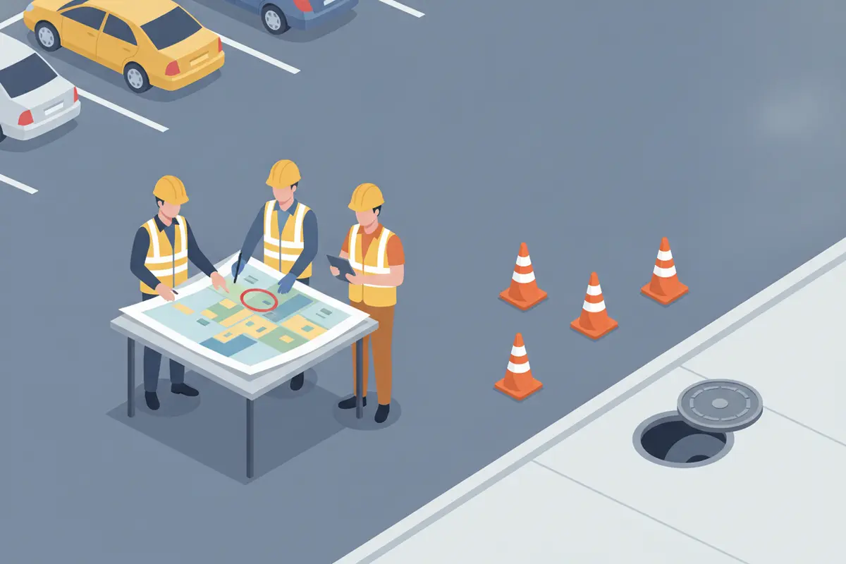 A property manager and pipe specialist plan access for parking lot sewer repair