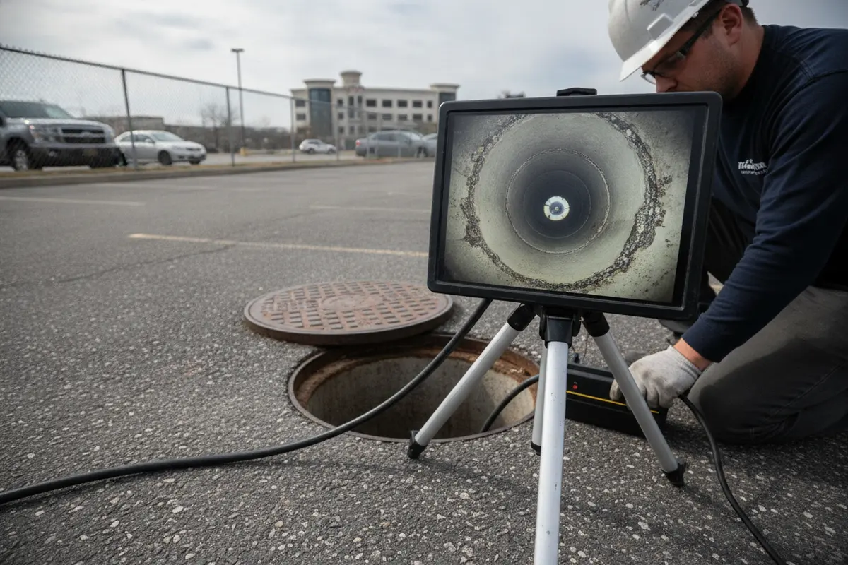 A technician reviews a sewer camera inspection near a parking lot
