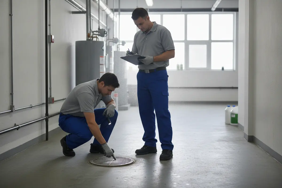 Facility staff checking a commercial drain area and noting a maintenance concern