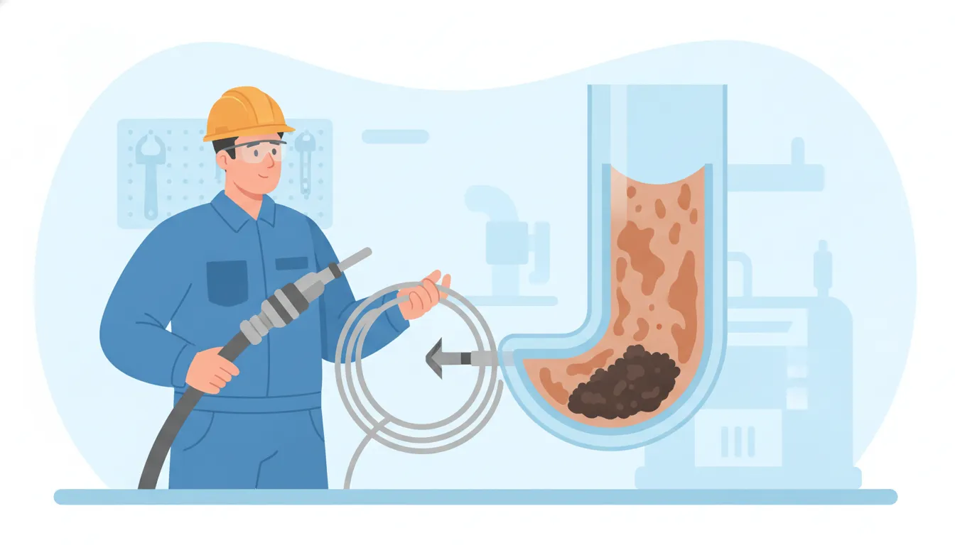 Pipe technician comparing hydro jetting and cable cleaning for pipe scale