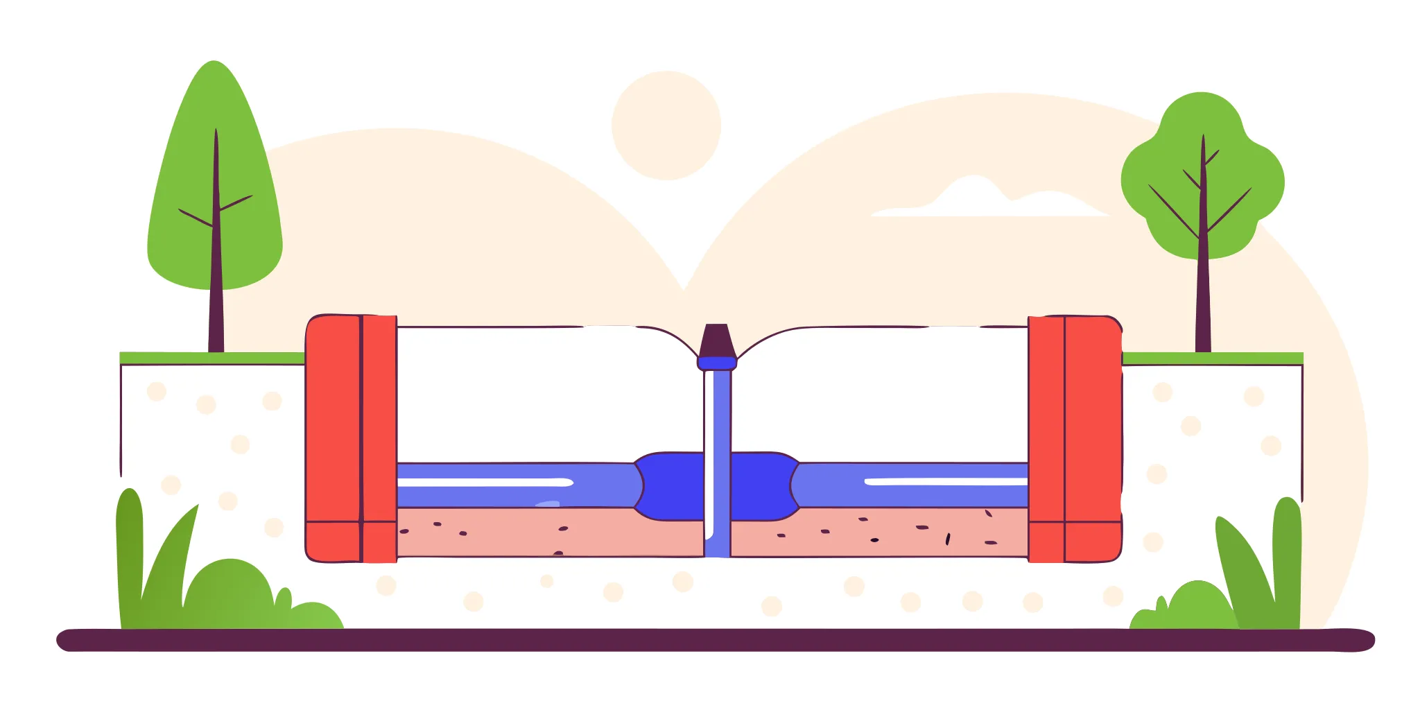 Cross-section diagram showing CIPP trenchless pipe lining process with epoxy liner being installed inside existing pipe