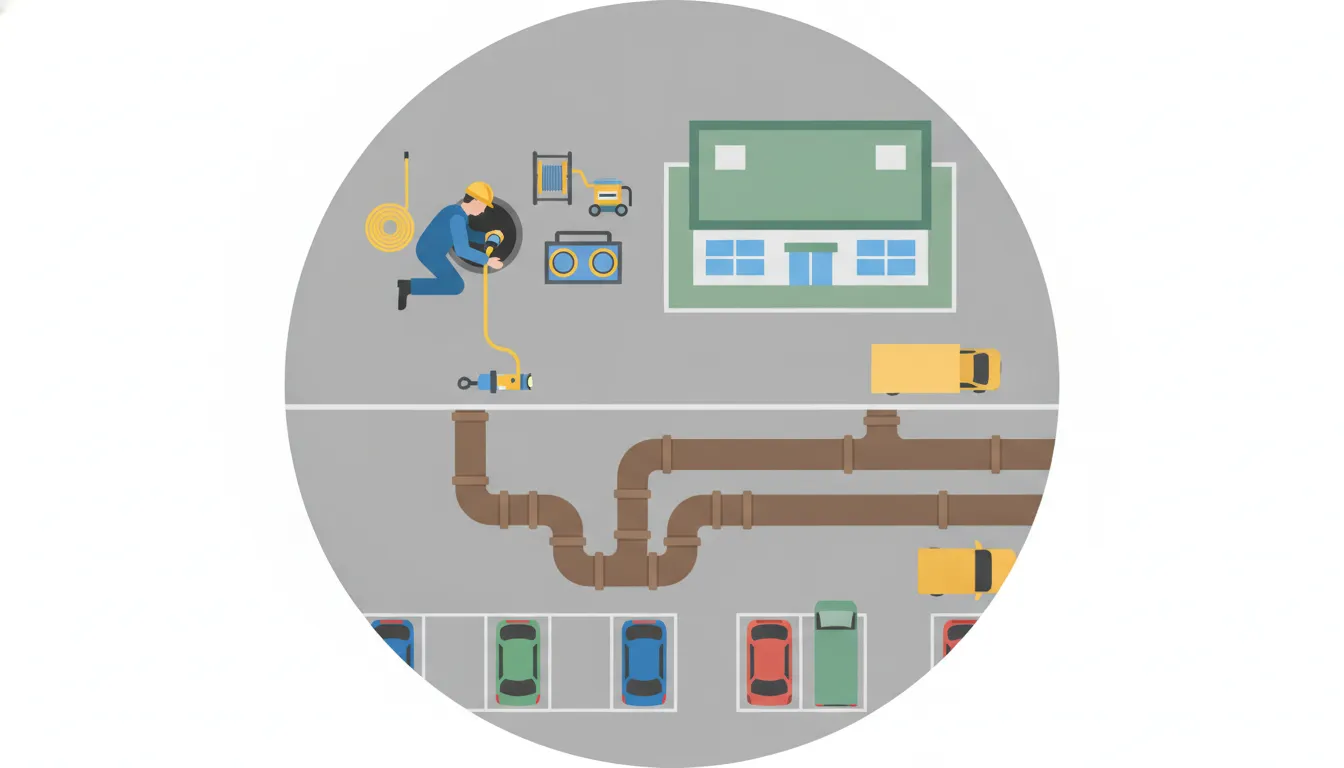 Technician guiding a sewer inspection camera through a commercial building pipe