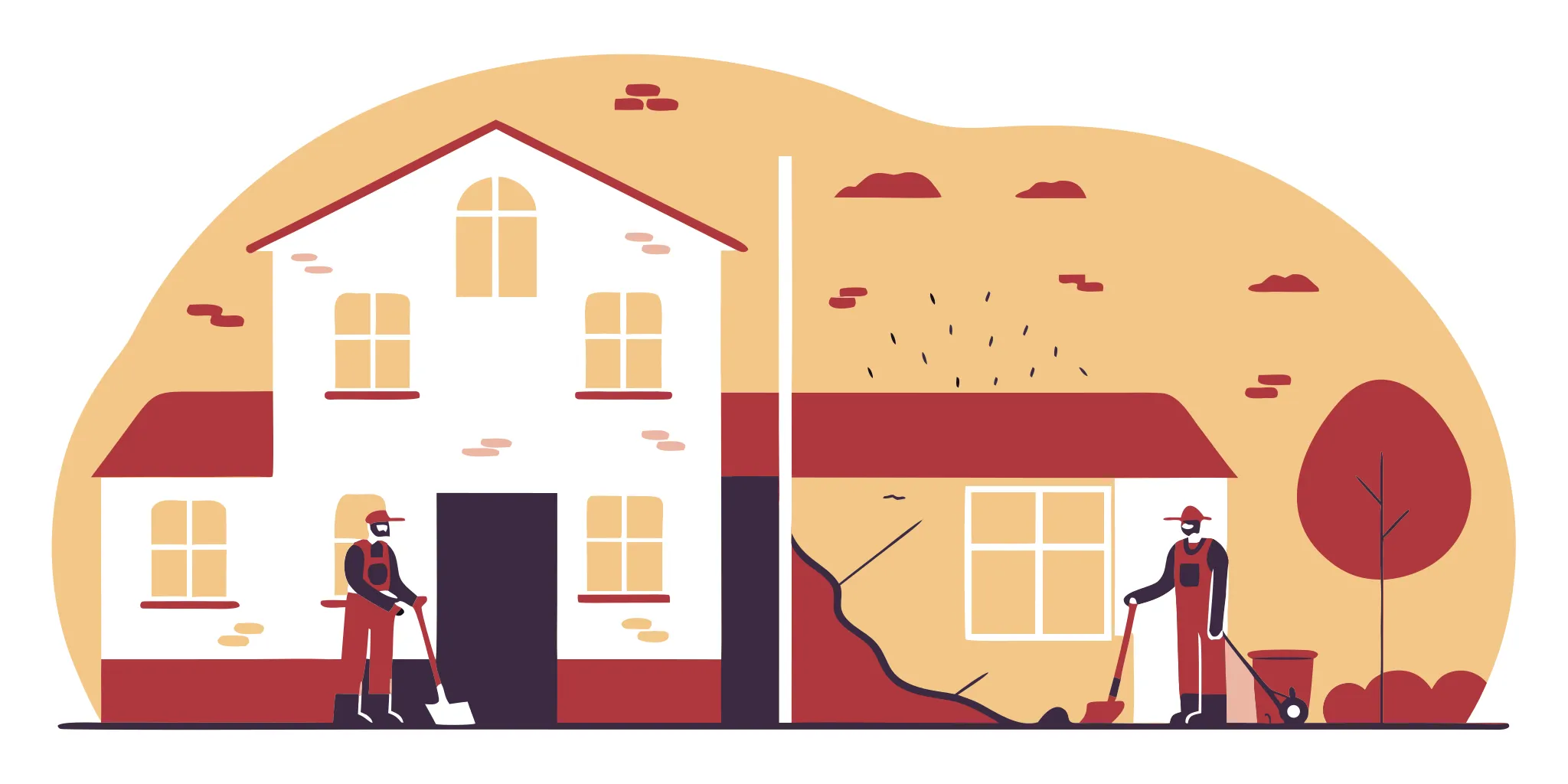Side-by-side comparison showing traditional excavation trench destroying a yard versus trenchless access holes that preserve landscaping