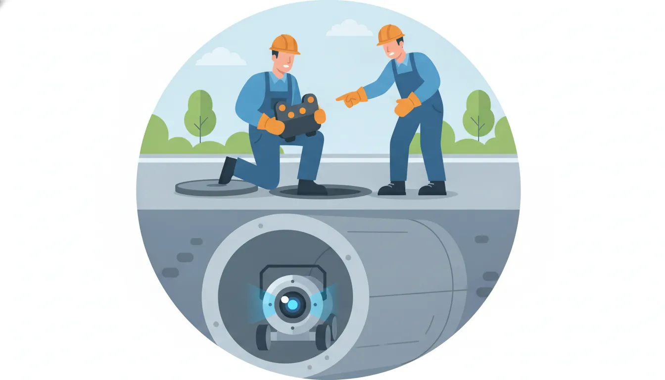 Technicians performing a municipal pipe condition assessment with a sewer camera