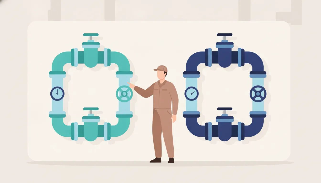 Facility worker comparing two commercial backflow prevention assemblies