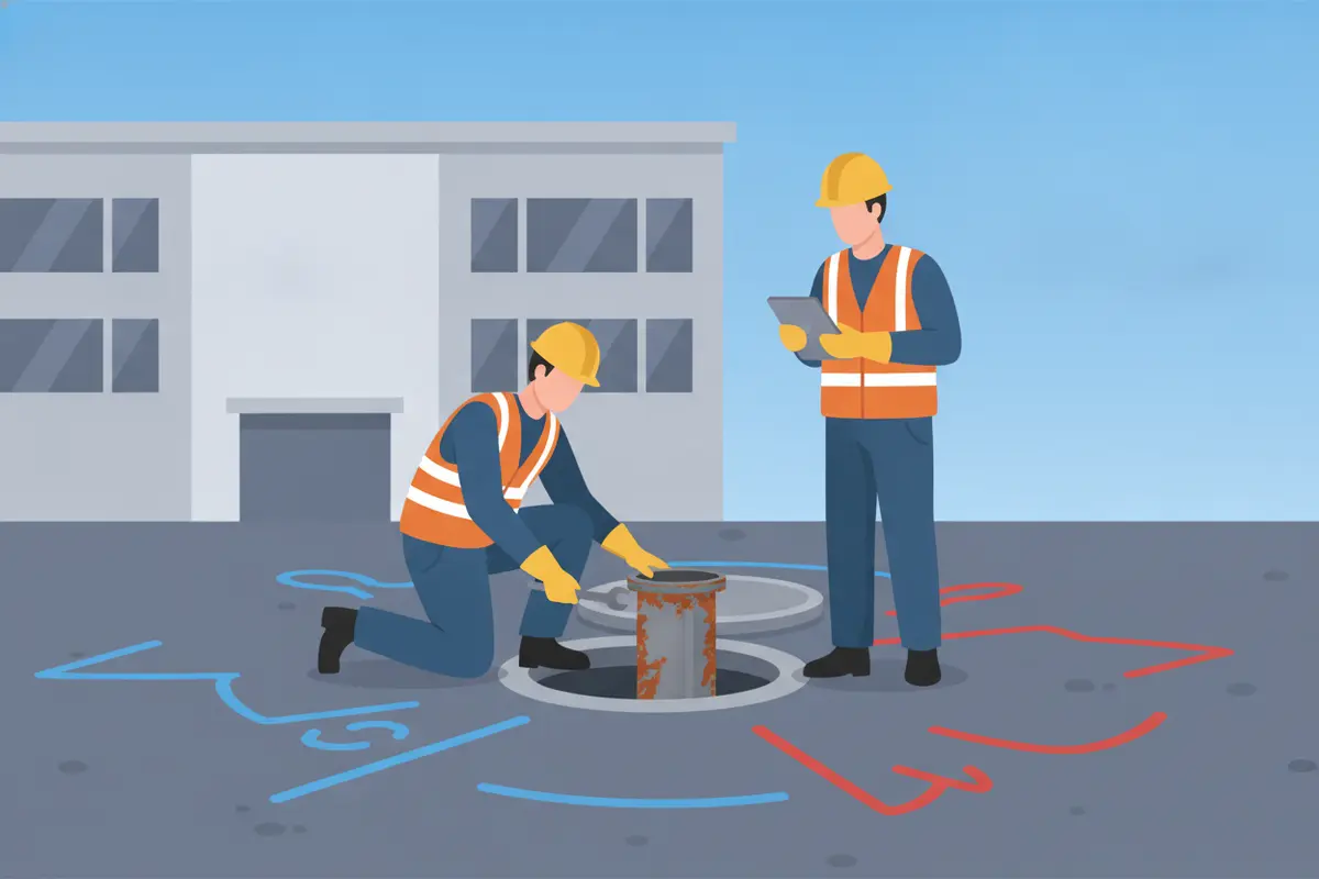 Pipe specialists inspect a marked commercial water main access area