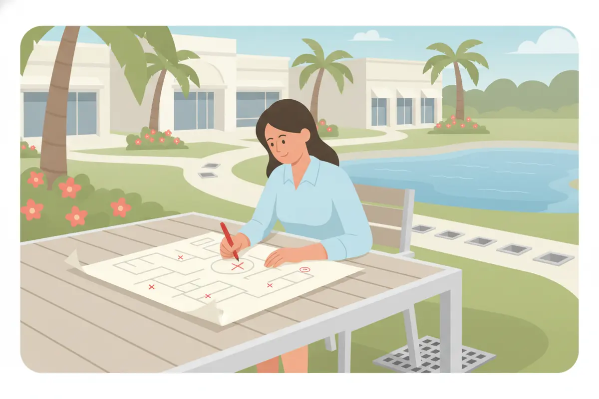 Property manager marking storm drain access points and ponding areas on a site plan