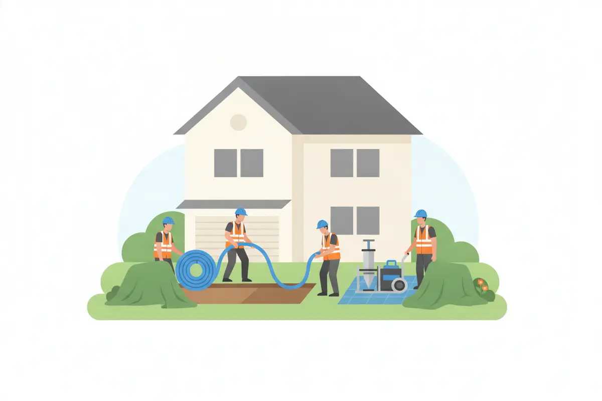 Specialized pipe bursting work zone planned around a narrow residential property