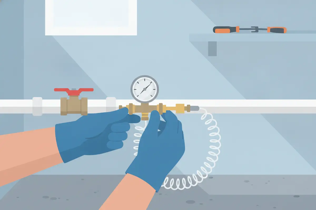 Technician connects a pressure gauge to an isolated water line for testing