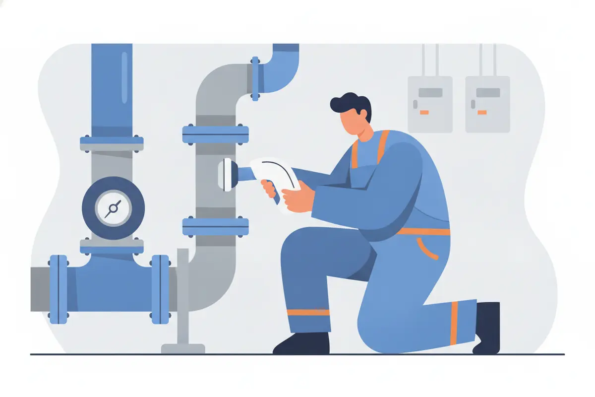 Technician listening for pipe leak sounds at a commercial water line