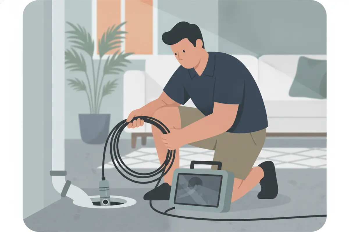 Technician using a camera to inspect a residential drain pipe