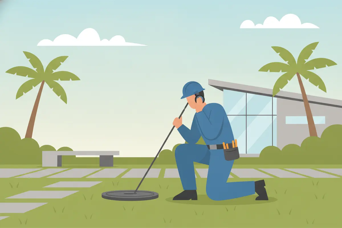 Technician using acoustic equipment near a municipal water main valve