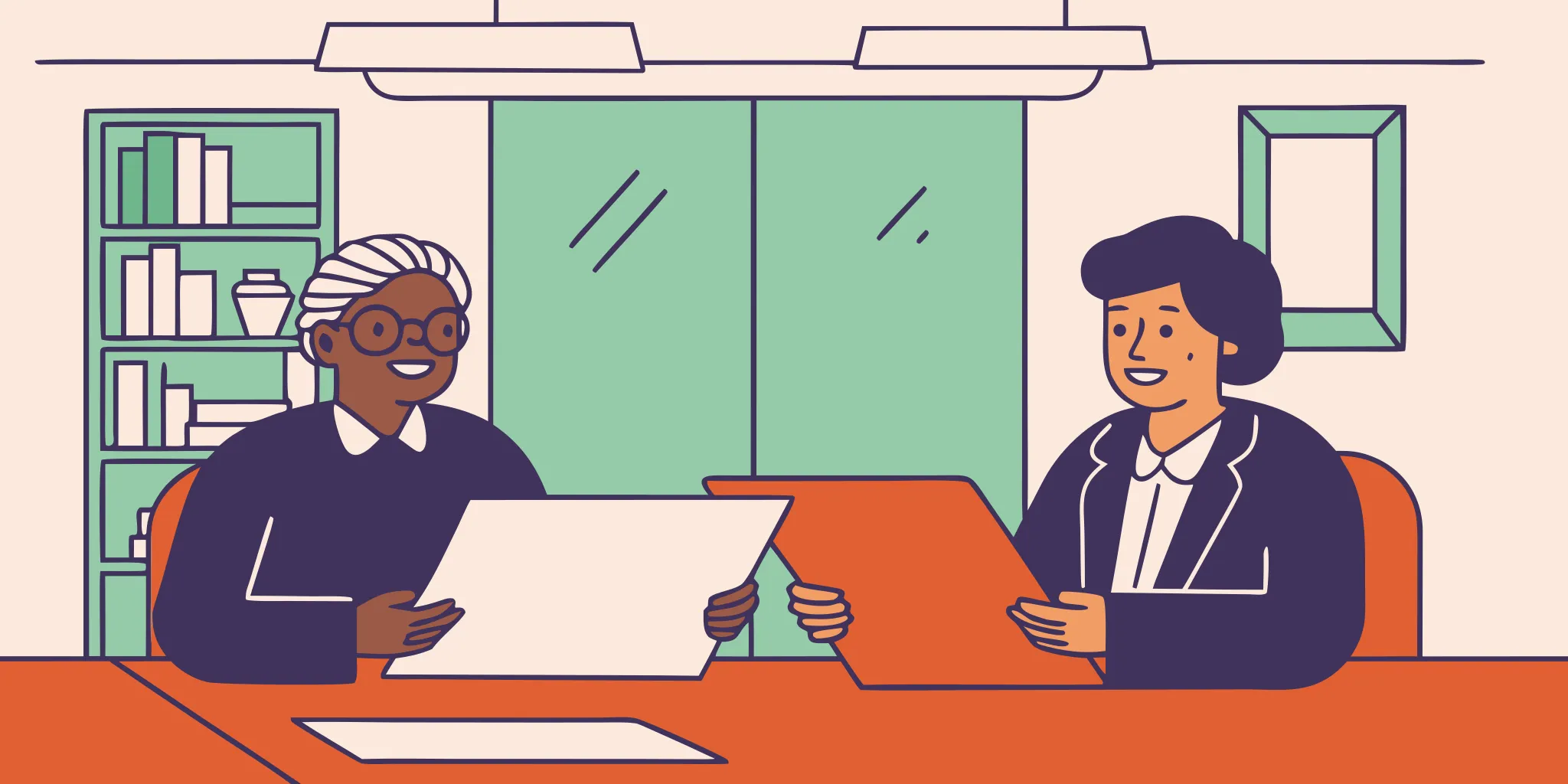 Dental practice owner and advisor reviewing documents together in a professional office setting