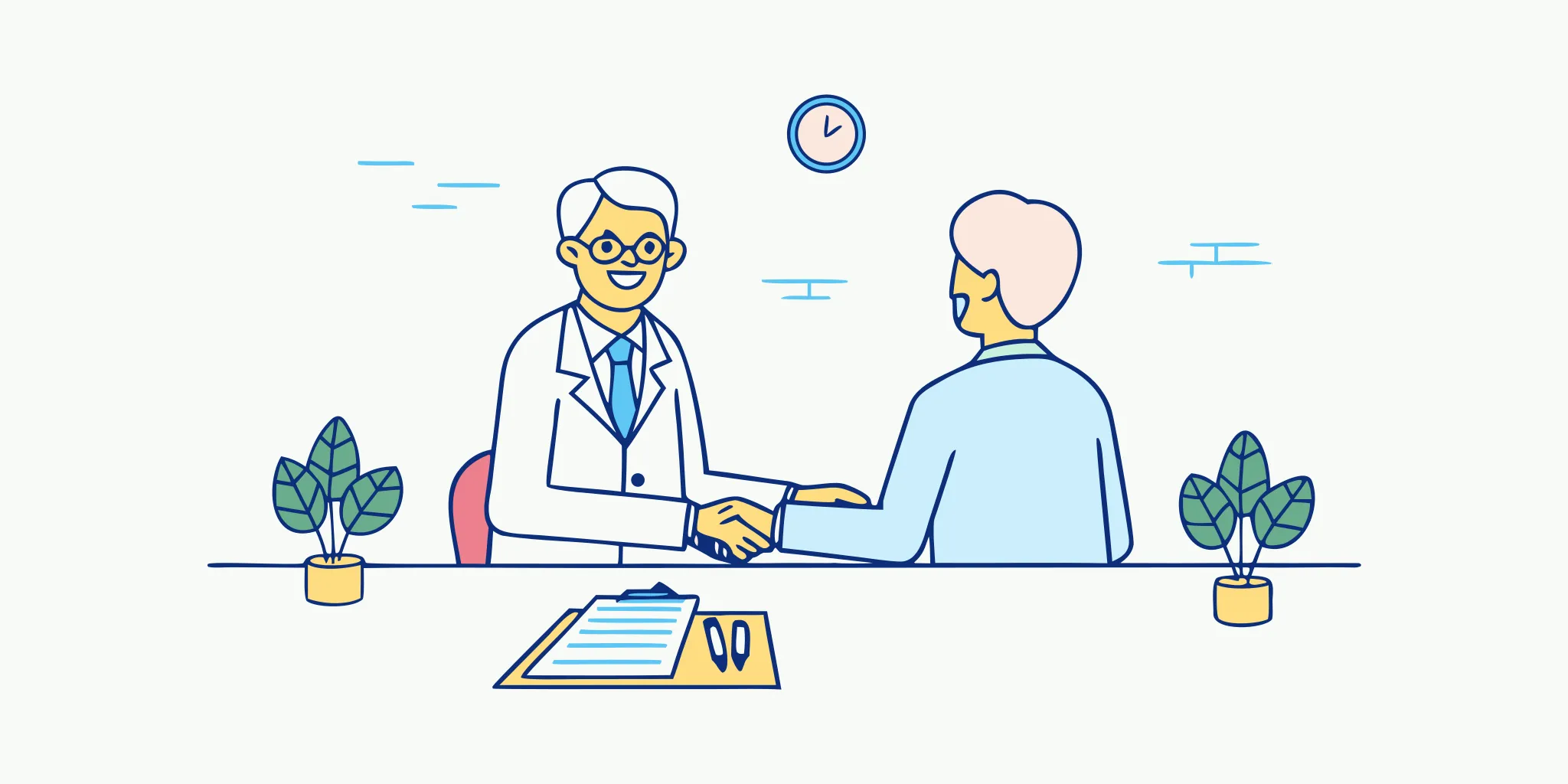 Professional illustration showing a handshake between a dental practice owner and an advisor at a table with financial documents