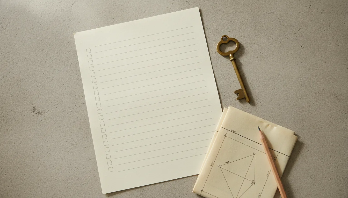 Blank buyer checklist, house key, and property survey arranged for a historic-home review