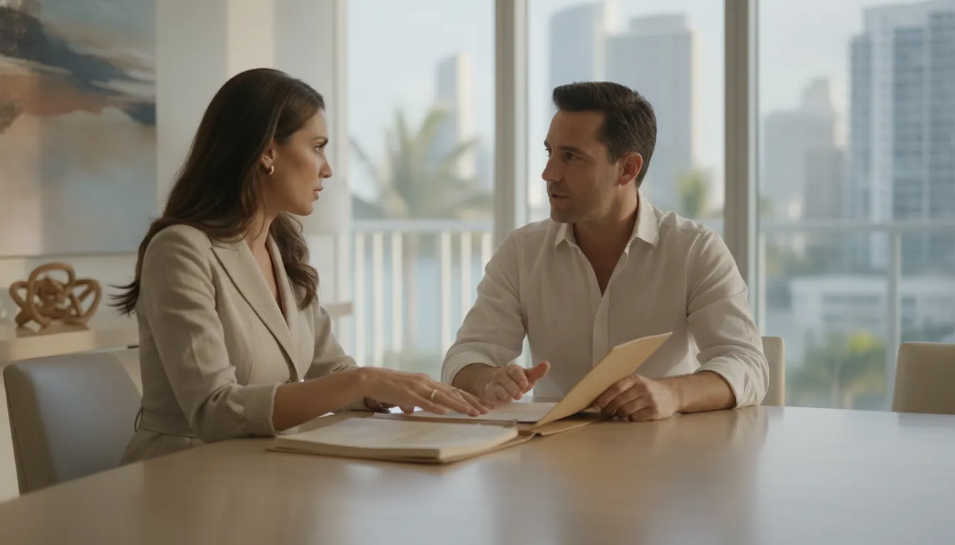 Miami condo buyer reviewing building insurance and inspection documents with a real estate advisor