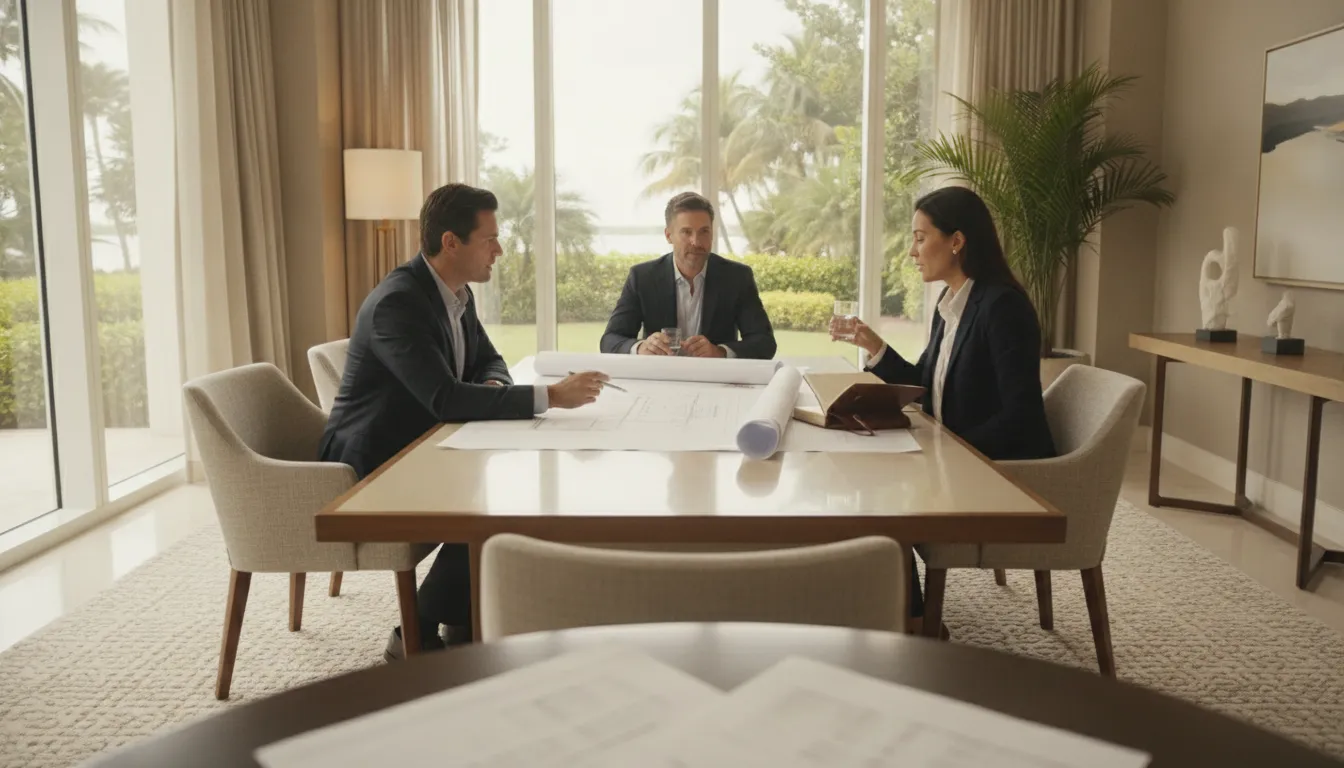 Miami luxury condo buyers reviewing building financial planning with an advisor