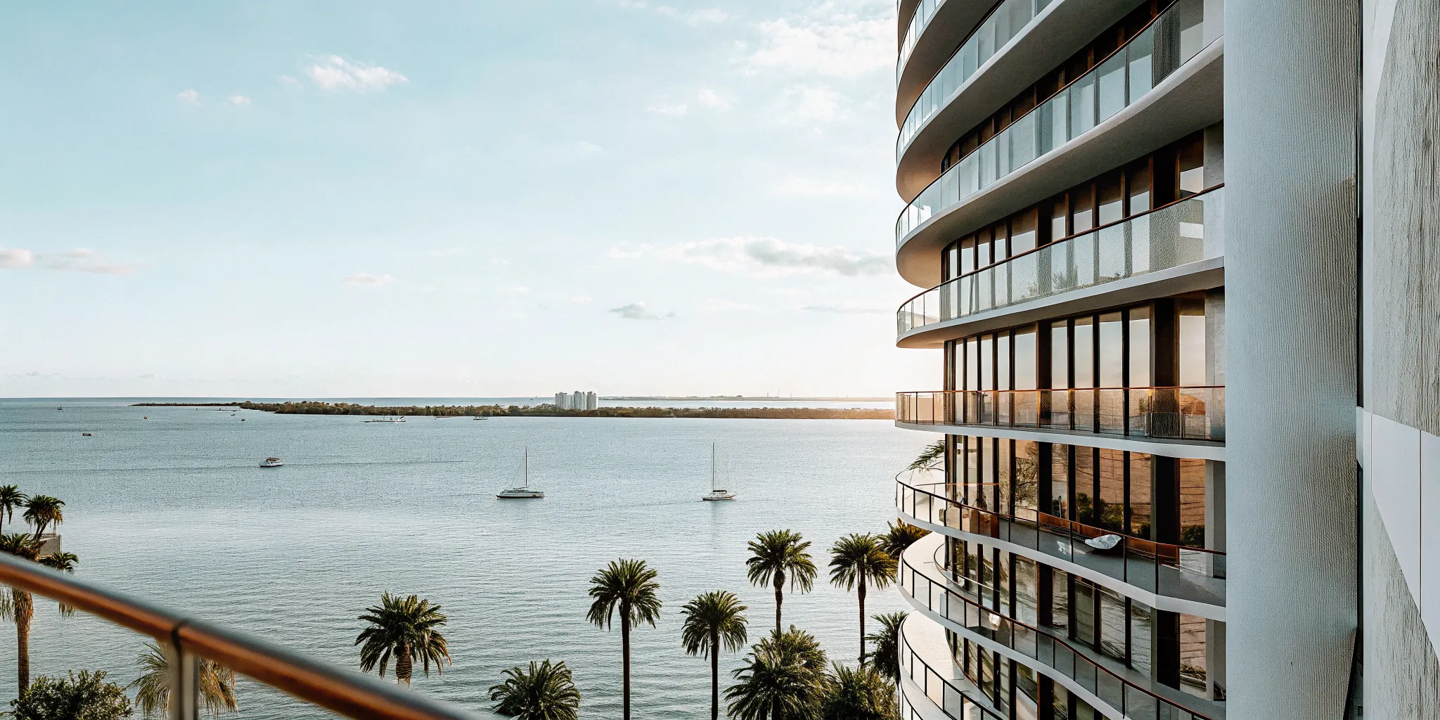 Luxury high-rise condominium towers along Brickell Avenue in Miami at golden hour with waterfront bay views