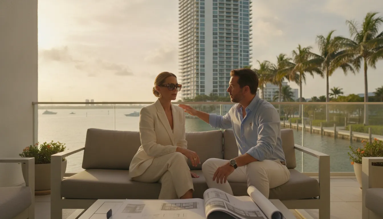 Investor and advisor reviewing a Miami high rise condo building from a waterfront terrace