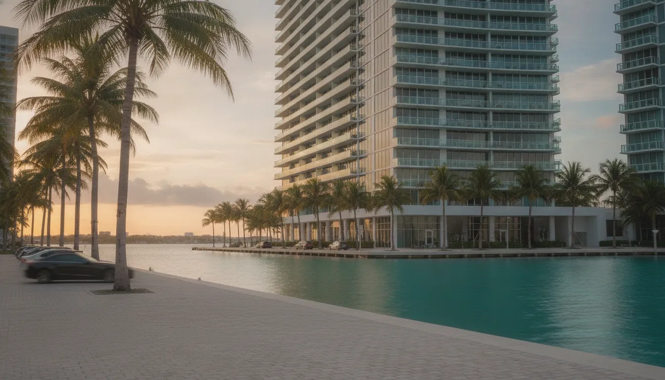 Miami luxury high rise condominium tower beside palm trees and calm water