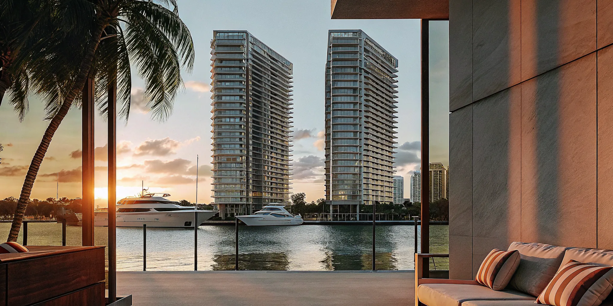 Miami skyline at sunset with luxury condo towers reflecting across Biscayne Bay, representing prime investment property opportunities