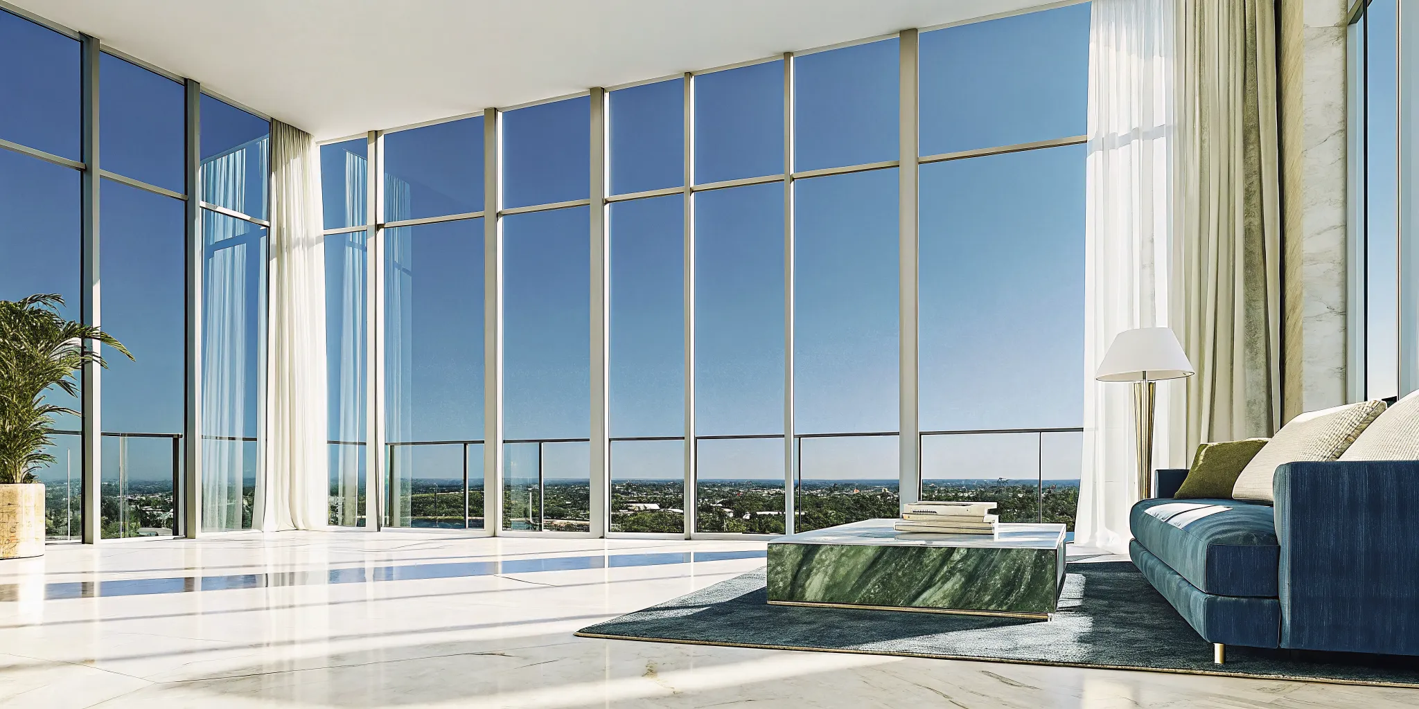 Professionally staged luxury living room in a Miami residence with floor to ceiling windows and natural light