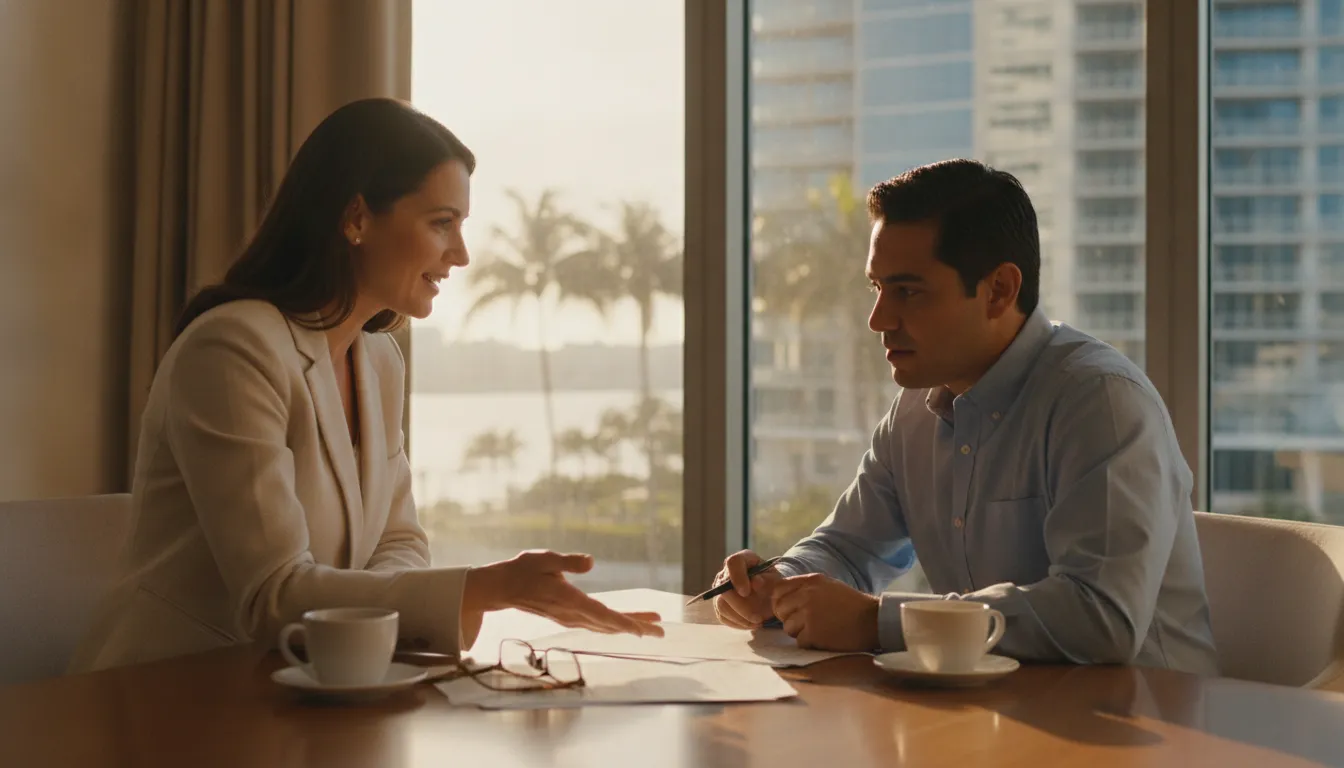 A home buyer and real estate attorney mapping out the deposit and payment milestones for a Miami pre-construction condo