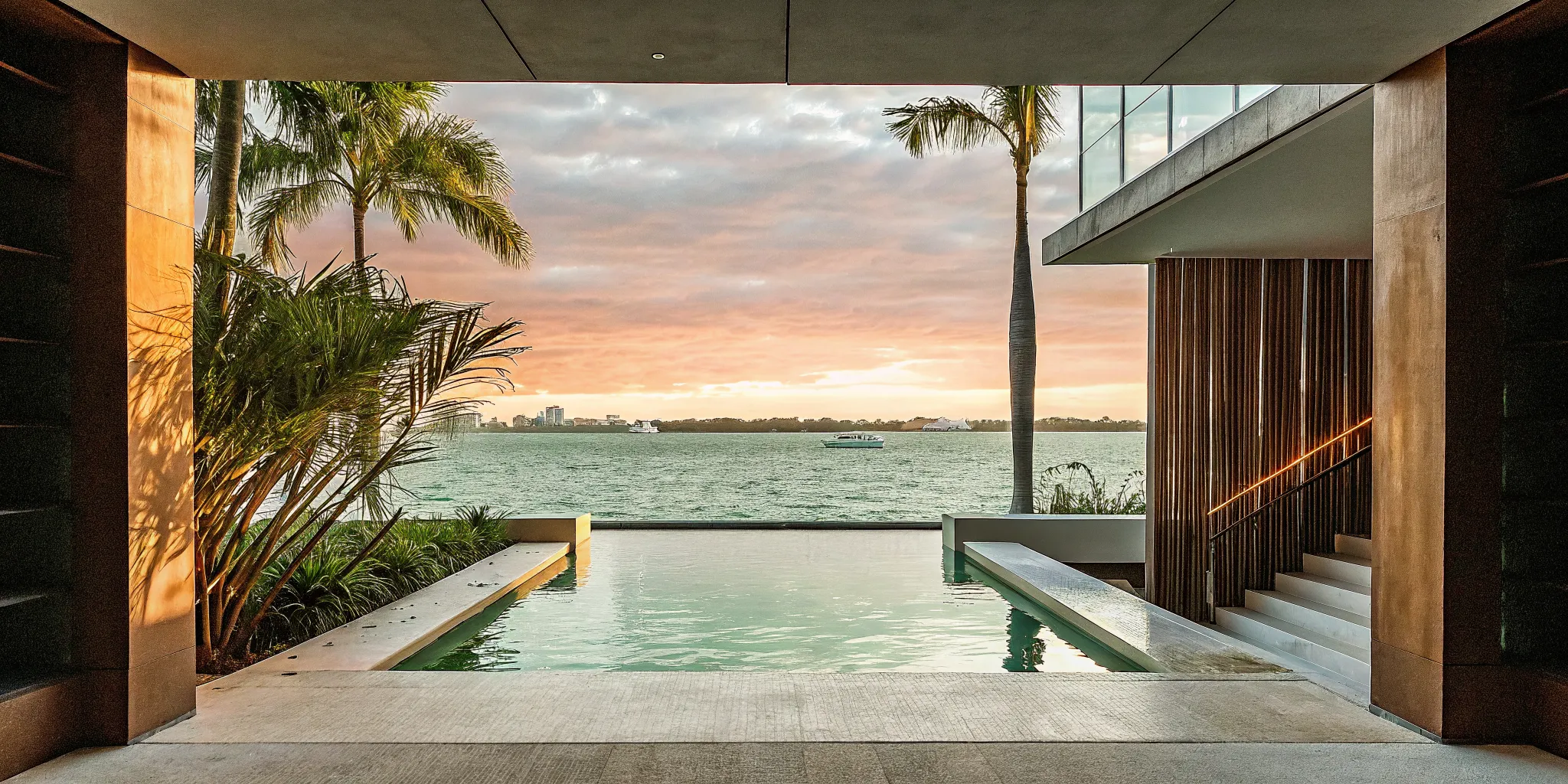 Luxury Miami waterfront estate with infinity pool and bay views at sunset