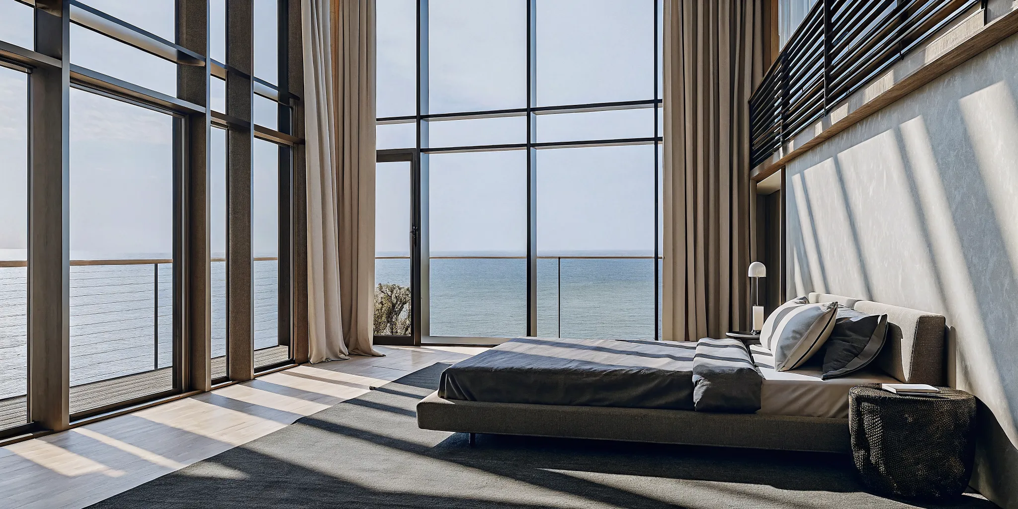 Elegant Miami luxury condo interior with floor-to-ceiling windows overlooking the ocean