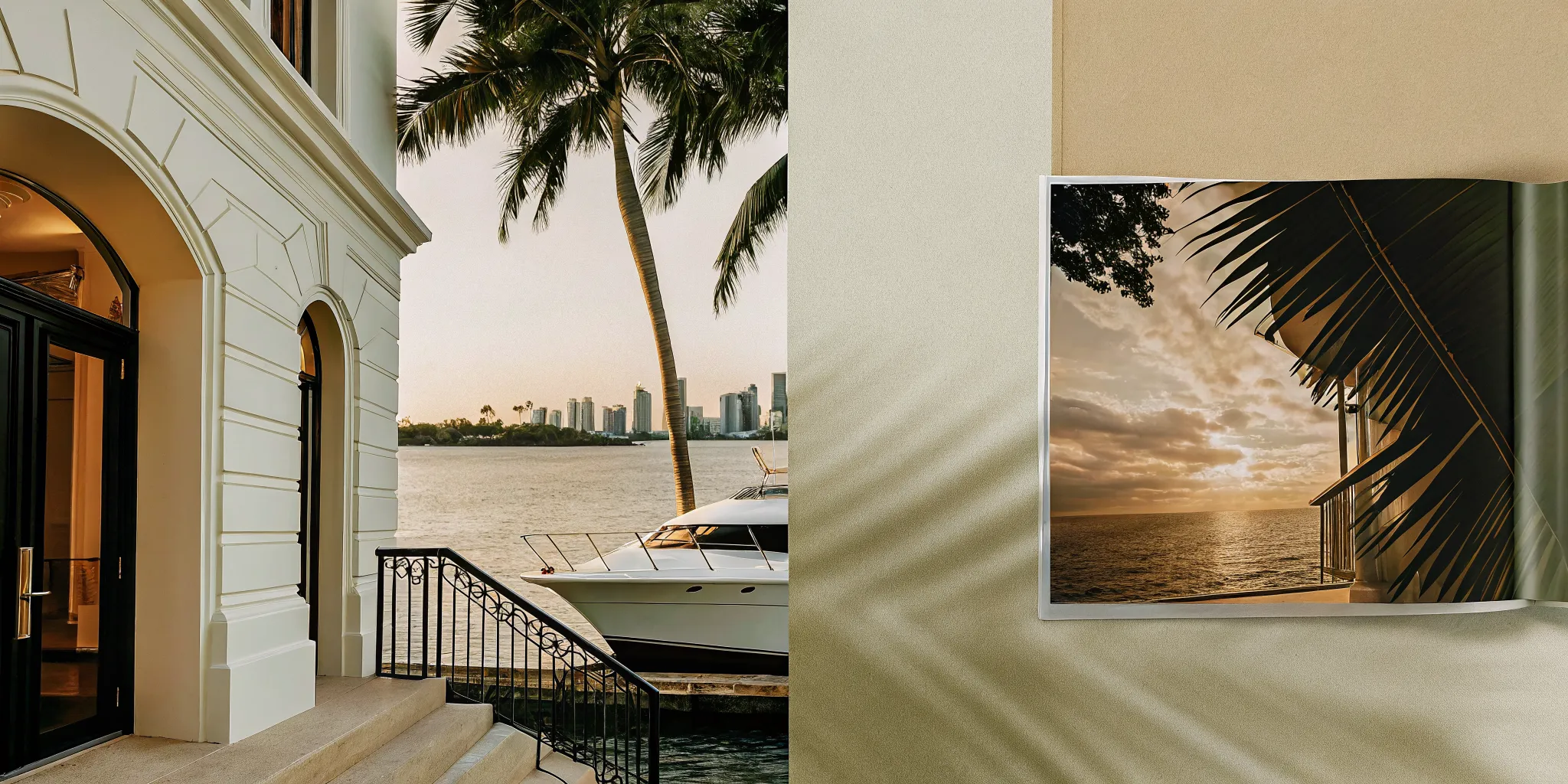Luxury Miami waterfront mansion with yacht at sunset, palm trees, and Bayside skyline