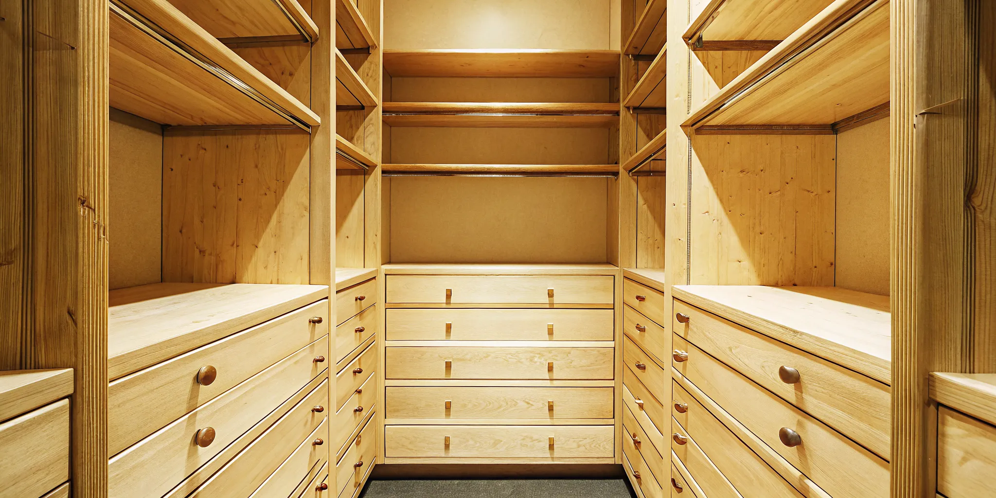 Custom walk-in closet with warm wood shelving and organized drawers in a Durango mountain home