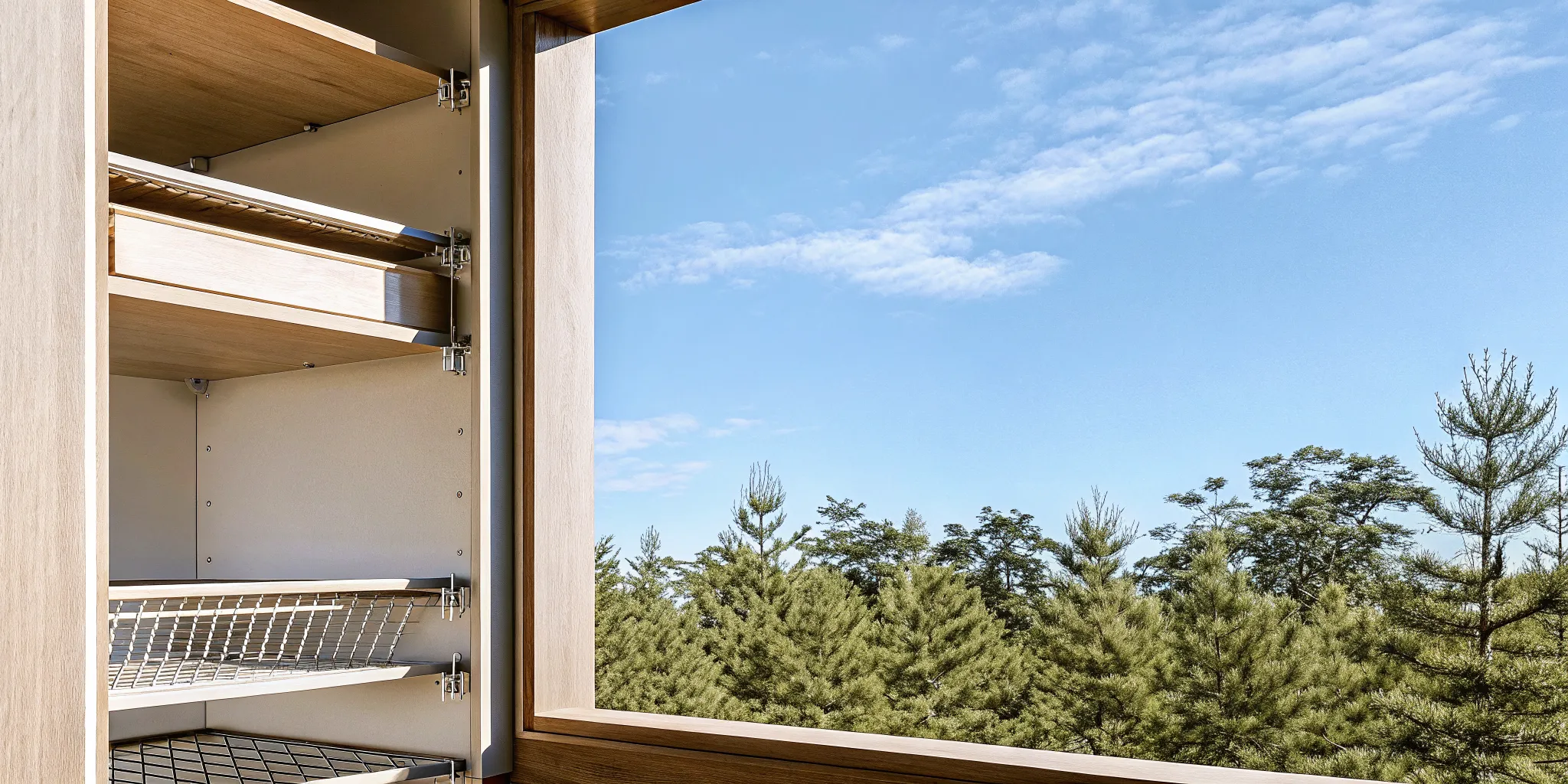 Adjustable shelves and pull-out drawers in a compact custom pantry
