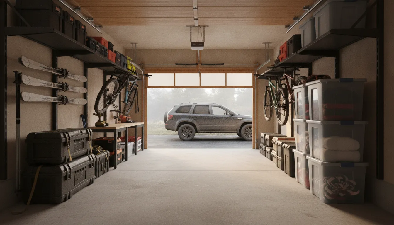 Wall-mounted garage storage racks holding mountain gear and tools