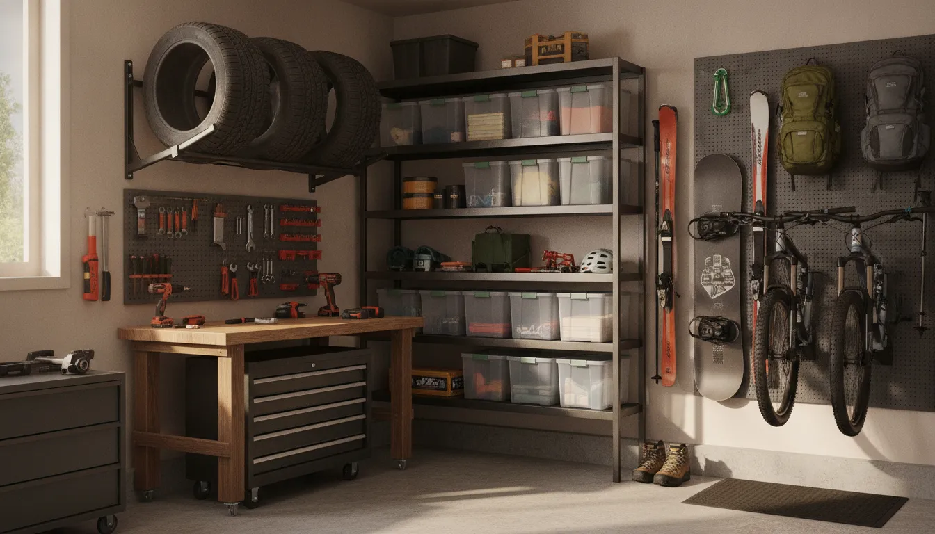 Dedicated tire rack and shelving in an organized mountain-home garage