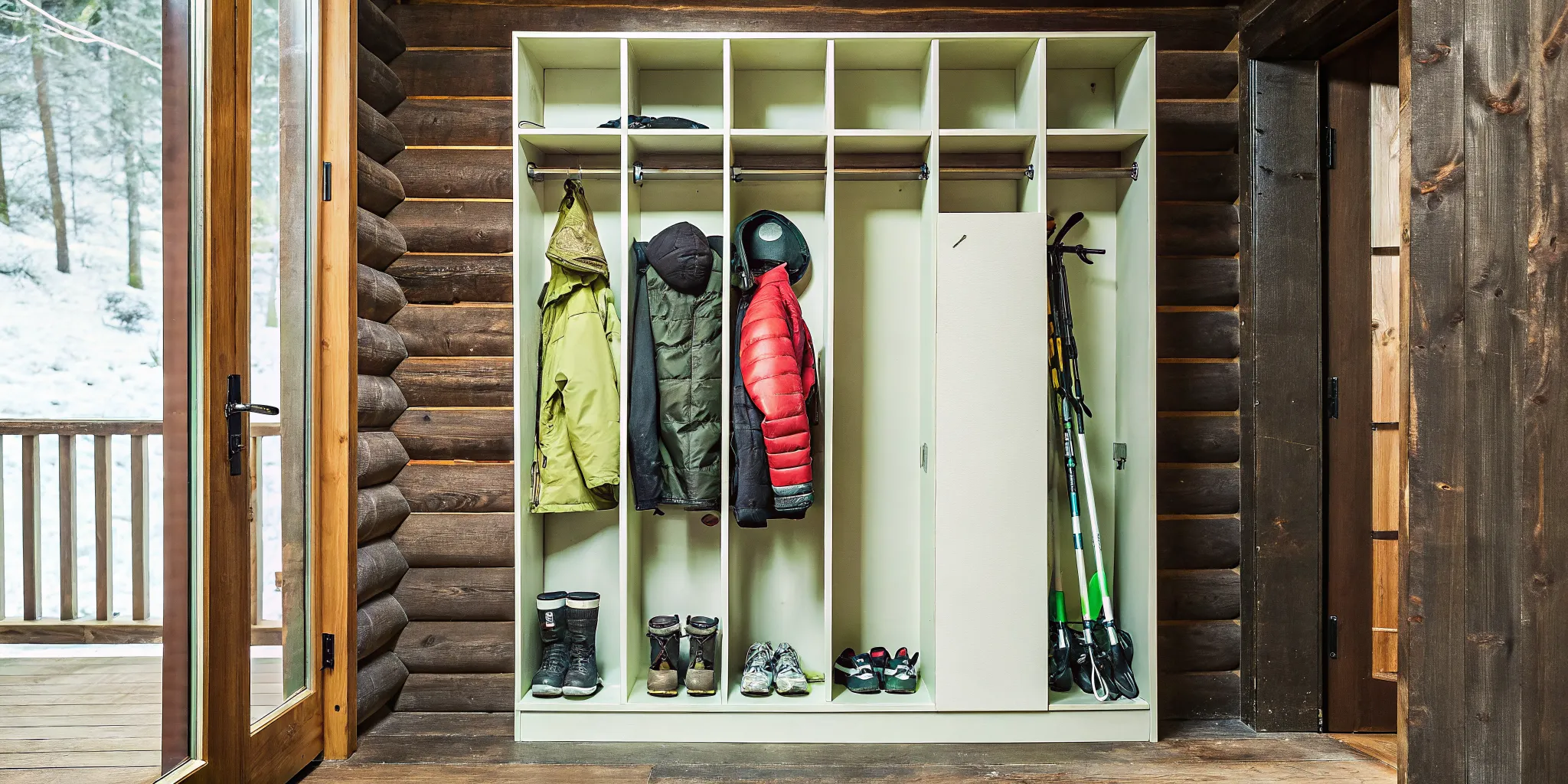 Custom reach-in closet with organized shelving for ski gear and boots in a mountain home