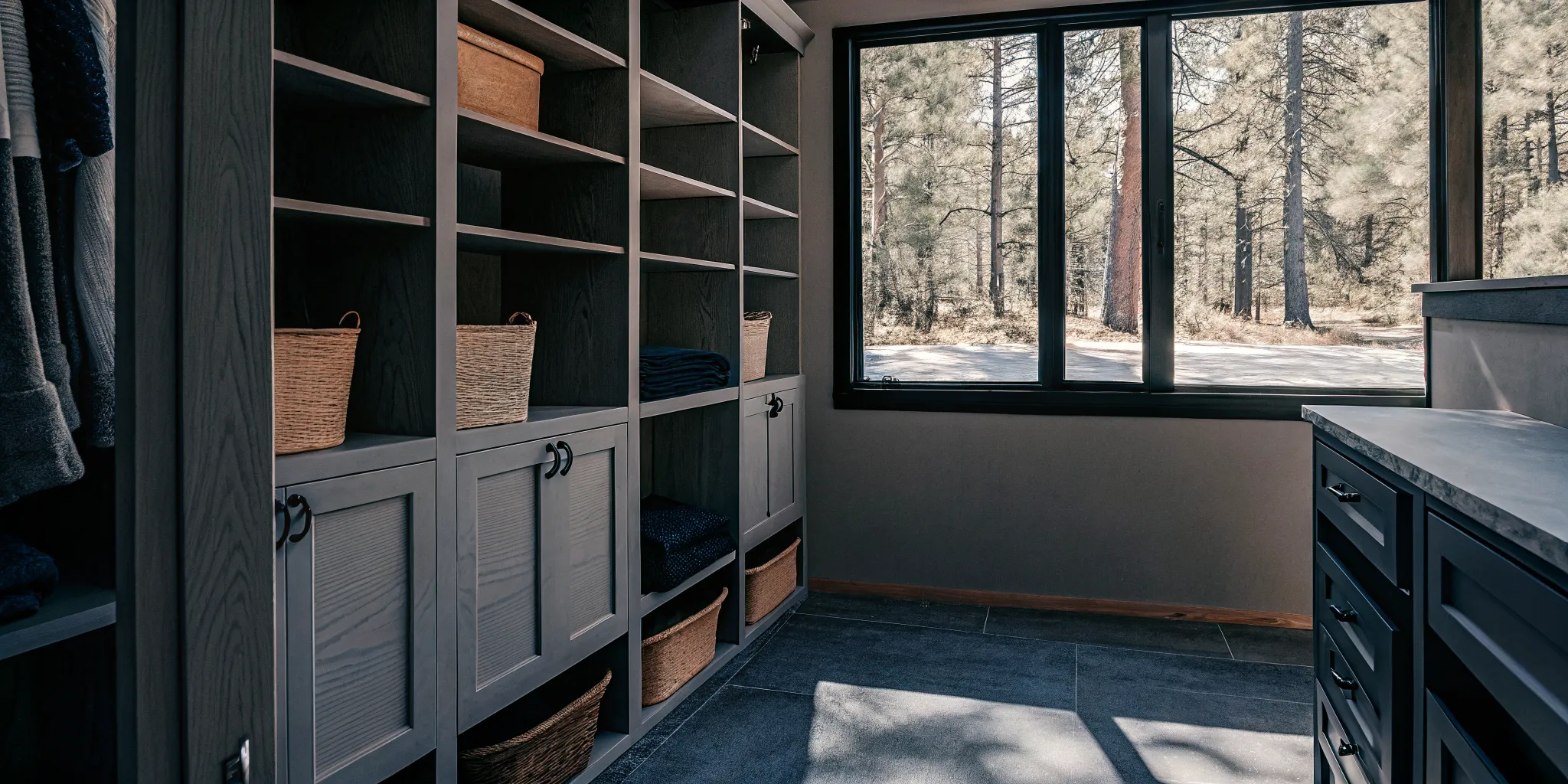 Custom wall cabinets and shelves designed by High Country Closets for a modern laundry room