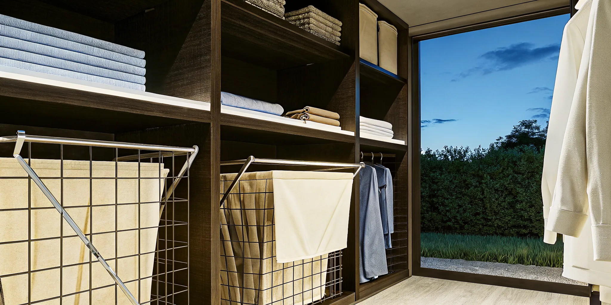 Organized laundry sorting station and custom folding table in a spacious laundry room