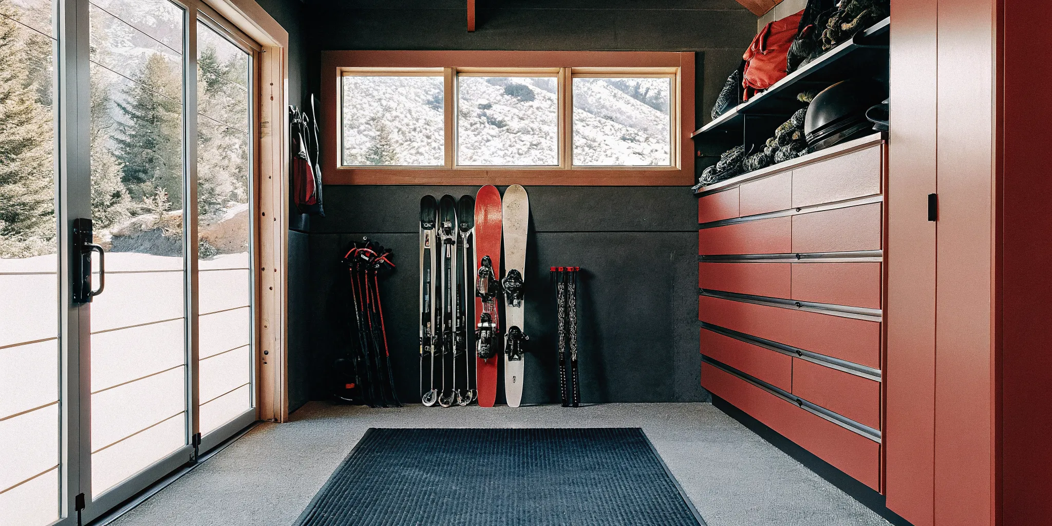 Organized mountain home garage cabinets and ski wall racks