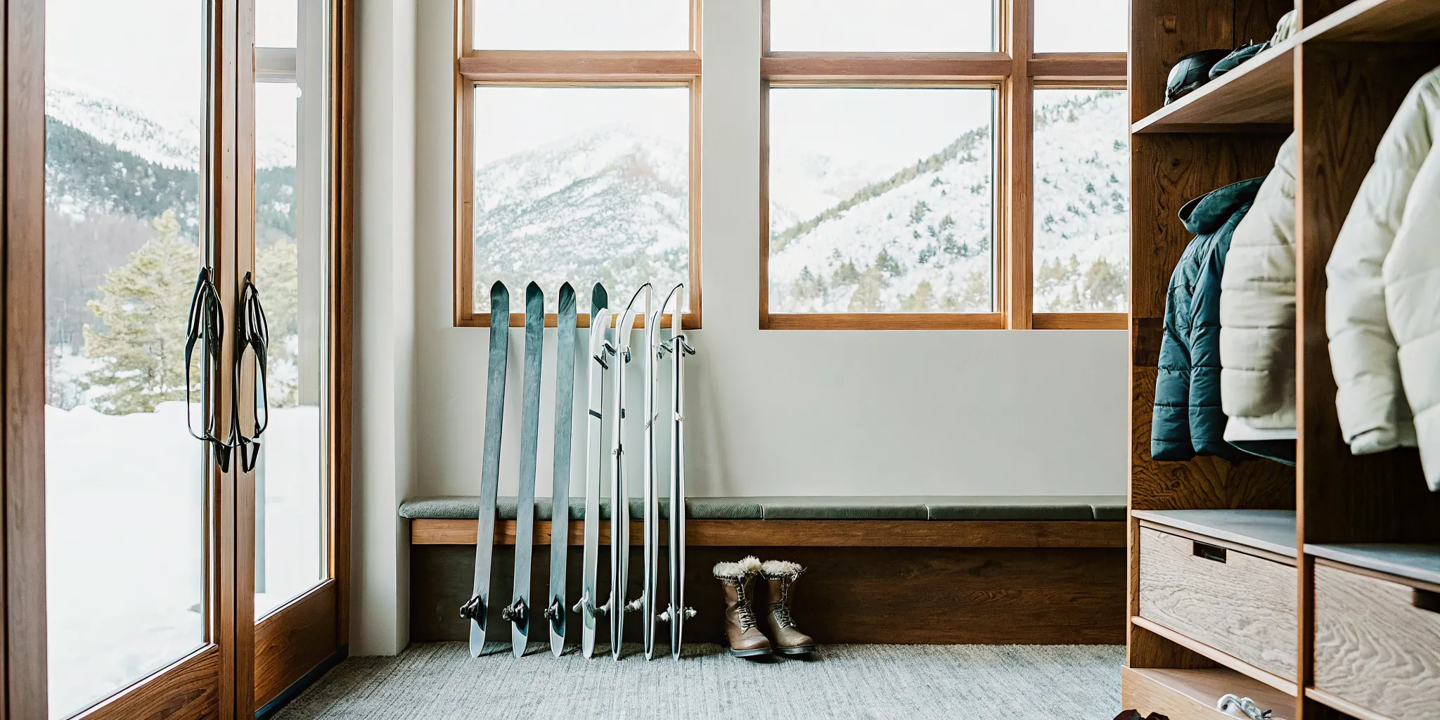 Ski storage ideas with wall racks and a boot-drying mudroom zone