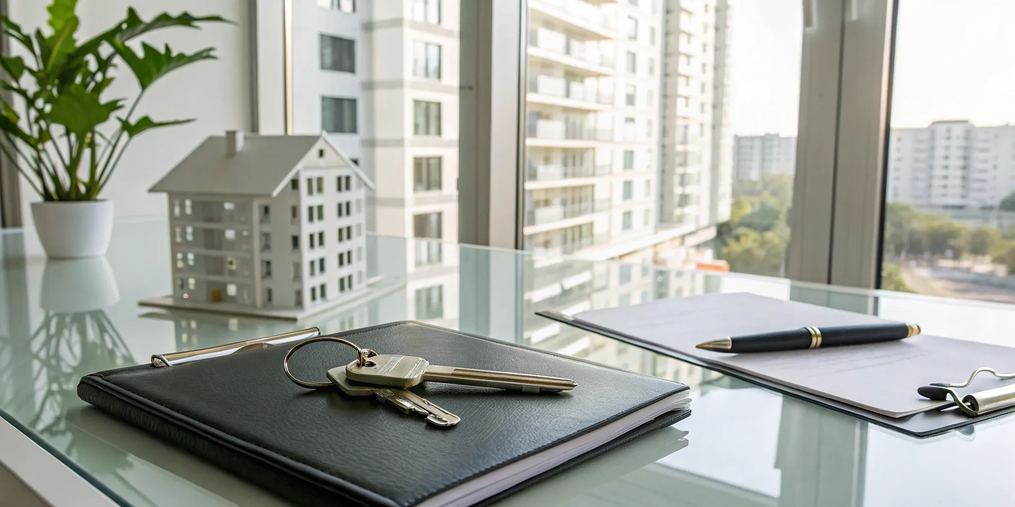 Navigating the challenges of selling a rental property with a house model, keys, and contract.
