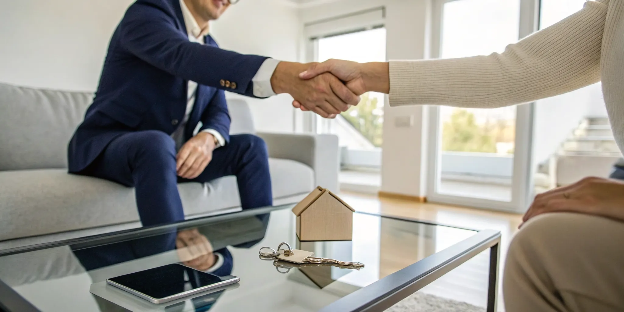 Homeowner and buyer shake hands to get cash for a house with water damage.