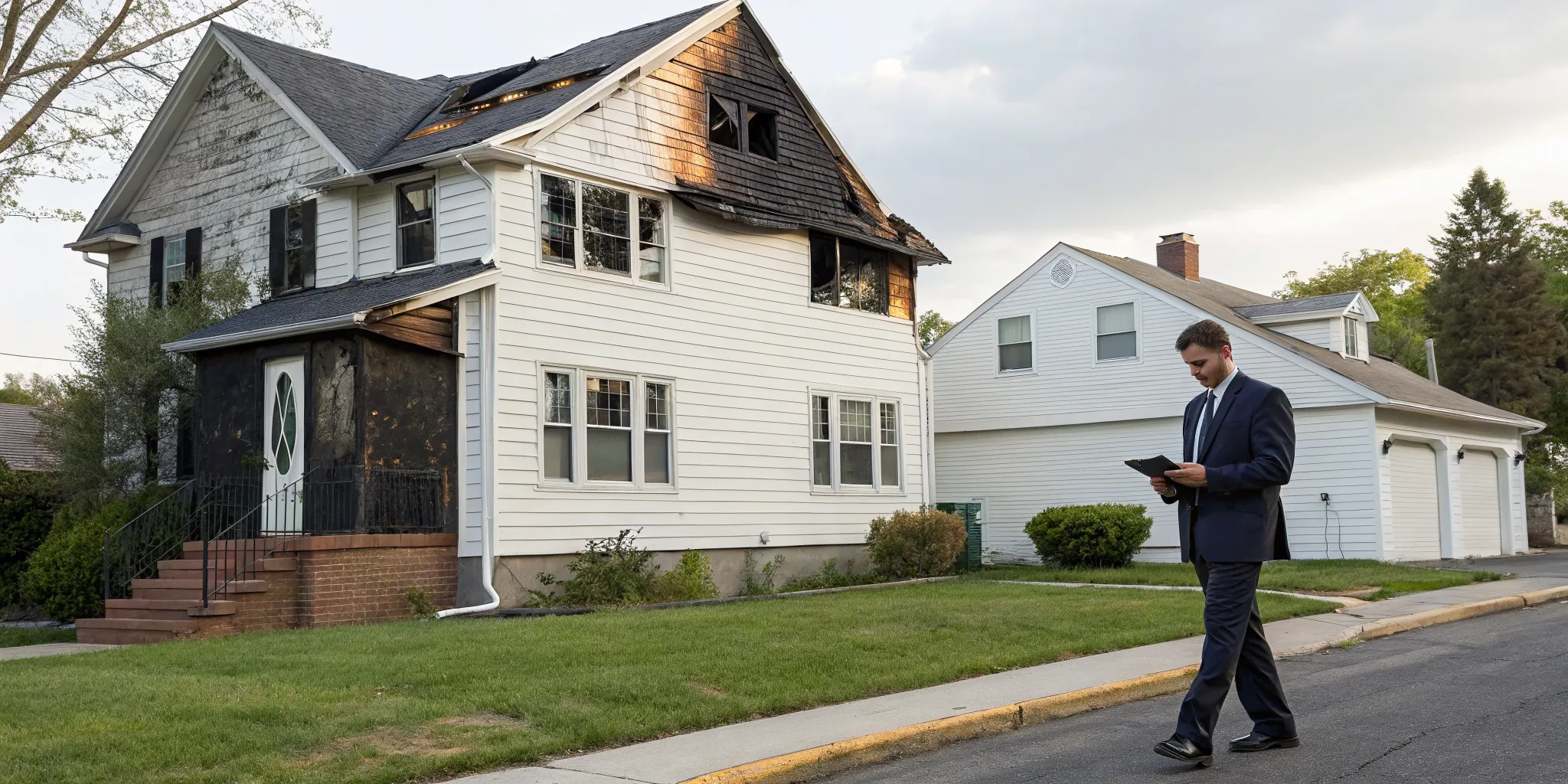Insurance adjuster assesses a fire-damaged house, a key step in how to sell a house after a fire.