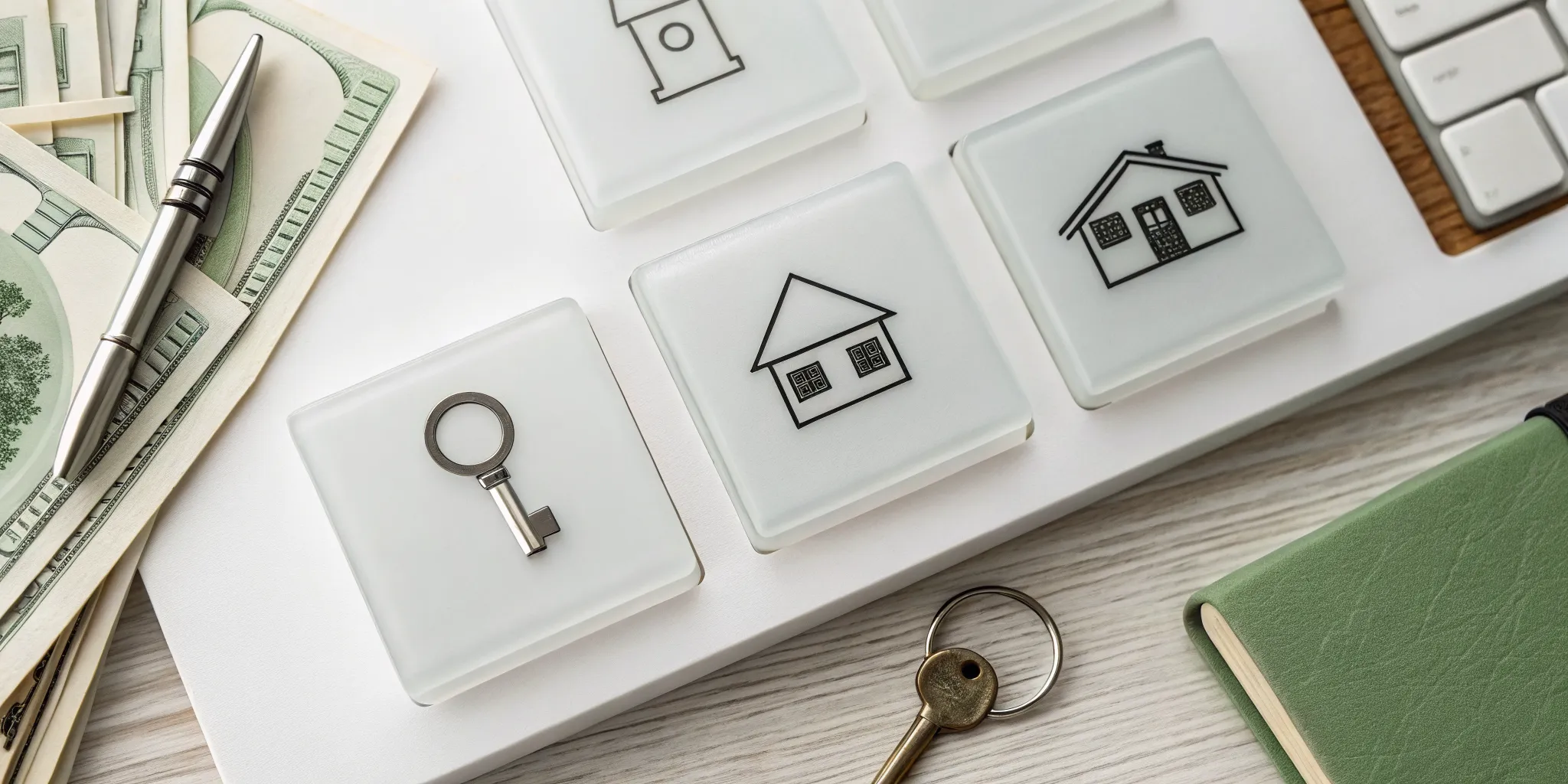 Keyboard with a house key and cash for a guide on how to sell a house for cash.
