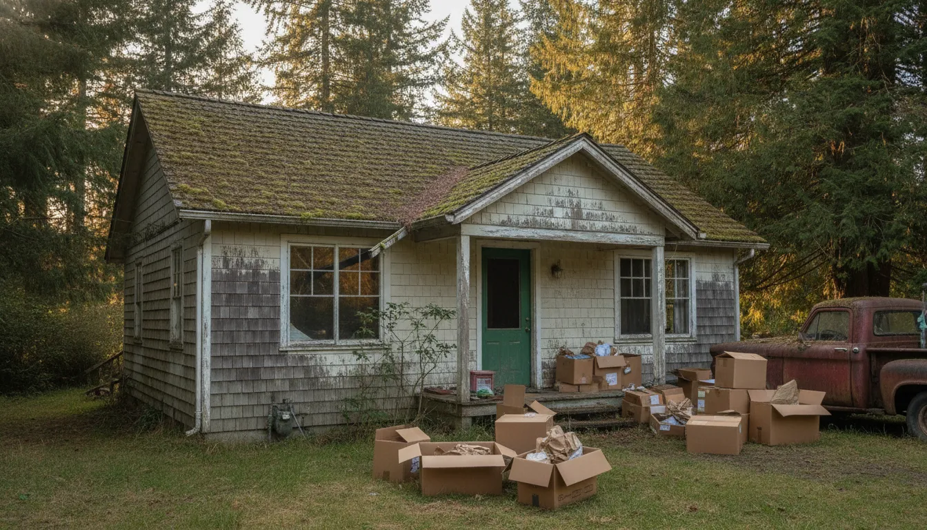 As-is Washington house with moving boxes and repair needs