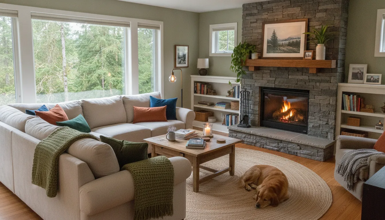 Cozy living room interior of a Renton home with natural light and comfortable furnishings